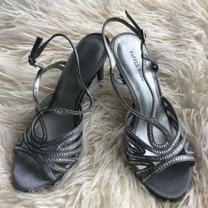 Papell Studio Silver Rhinestone Strappy Heels